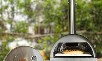 Vintage Gourmet® Table Top Portable Outdoor Pizza Oven Premium Stainless Steel Wood Charcoal Fired includes square Pizza Baking Stone Ready to Cook 15min Hopper Box Ideal for Hardwood Pellets