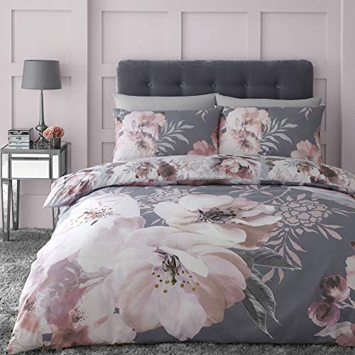 Catherine Lansfield Dramatic Floral Easy Care Double Duvet Set Grey