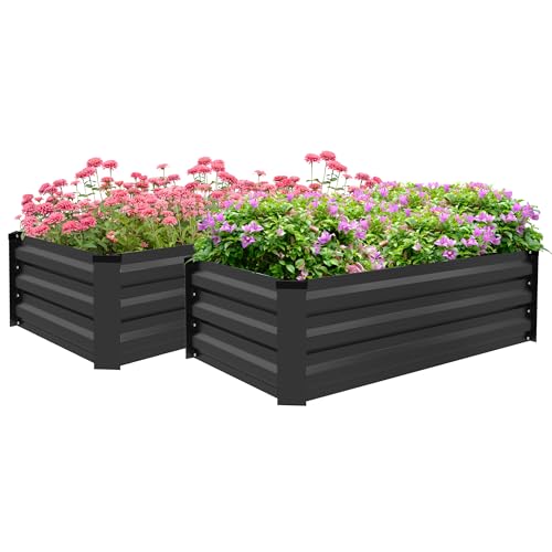 Outsunny Galvanised Raised Beds for Garden Set of 2, Outdoor Elevated Planter Box, Easy-to-assemble, for Growing Flowers, Herbs and Vegetables, Grey