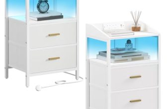 Hzuaneri Bedside Tables Set of 2 with LED Lights and Charging Station, Bedside Cabinet with 2 Fabric Storage Drawers, Nightstand with USB Ports & TypeC for Bedroom, Livingroom, White NS36213W